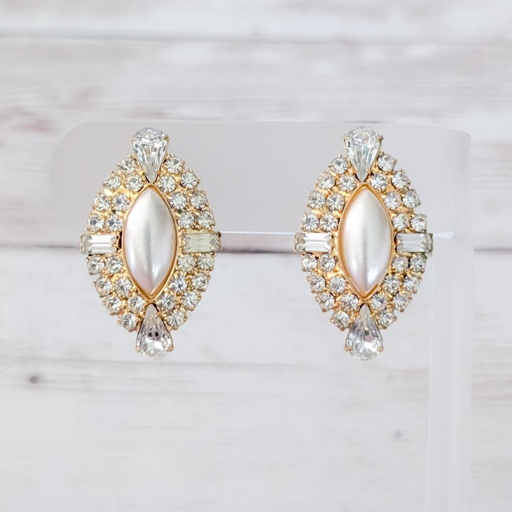 Vintage Clip On Earrings Stunning Gold Tone & Clear Gem Large Statement Elegant